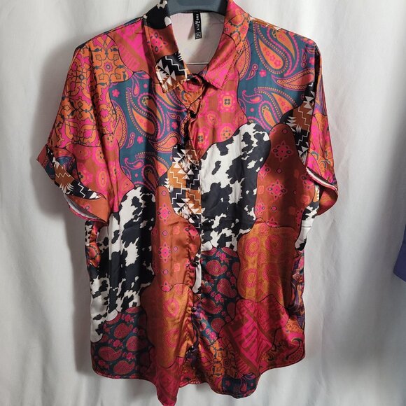 Two 2 Fly Blouse Eclectic 90s XL Grandmillenial Retro Y2K BOHO top snap closure - Picture 1 of 12